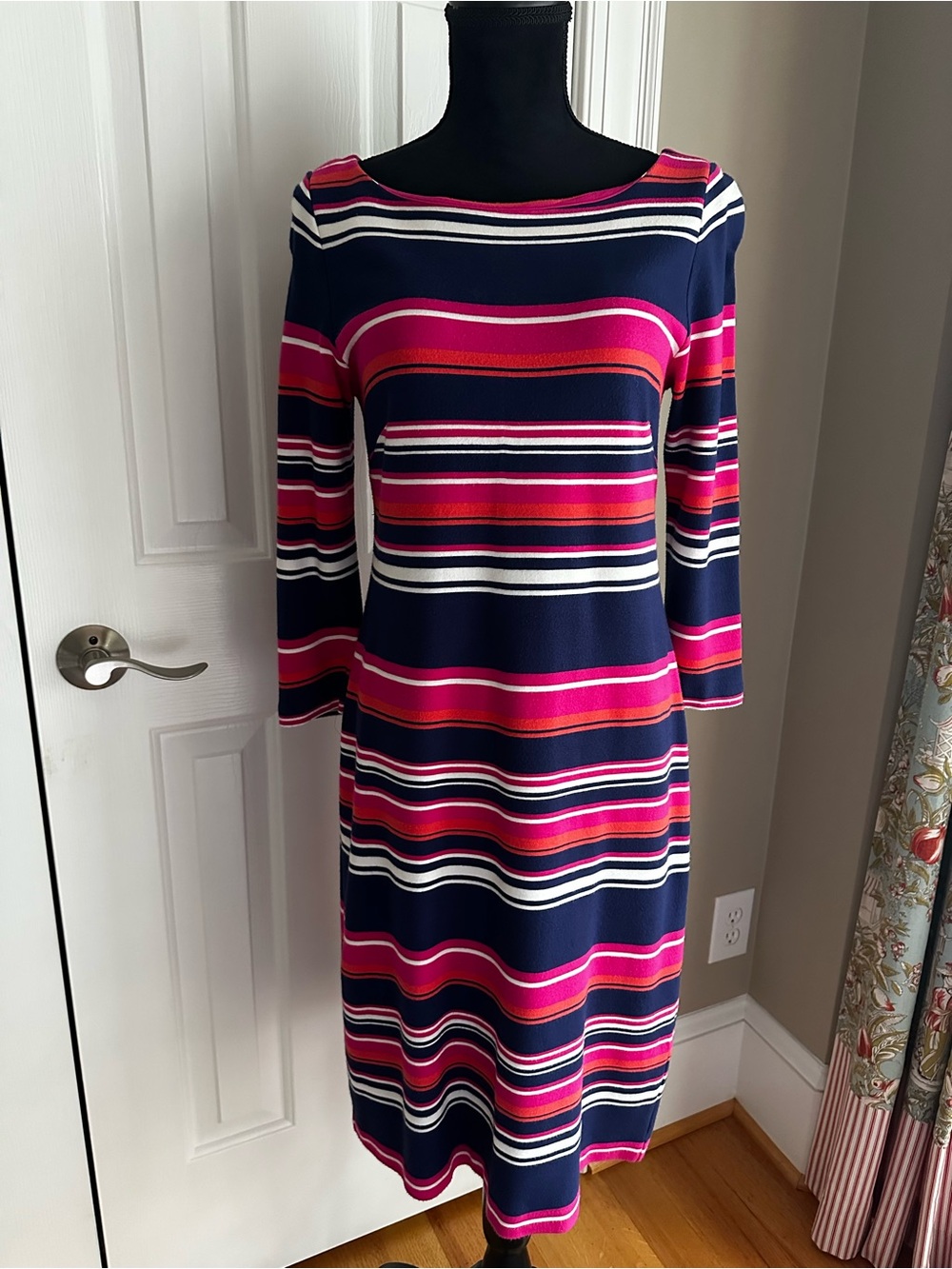 Talbots Navy, Orange and Fuchsia Striped 3/4 Sleeve Sheath Dress